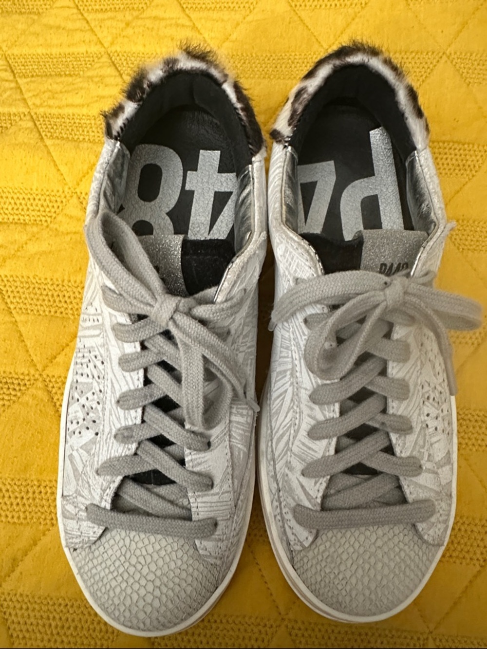 P448 Woman’s White and Grey Women's Lace-Up Sneakers with Faux Fur Trim